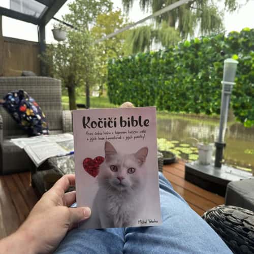 Čitateľ s Mačacou bibliou na záhradnej terase